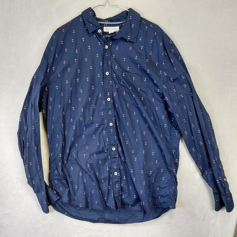 Aeropostale Mens XL Navy Geometric Arrow Print Long Sleeve Button Down Shirt